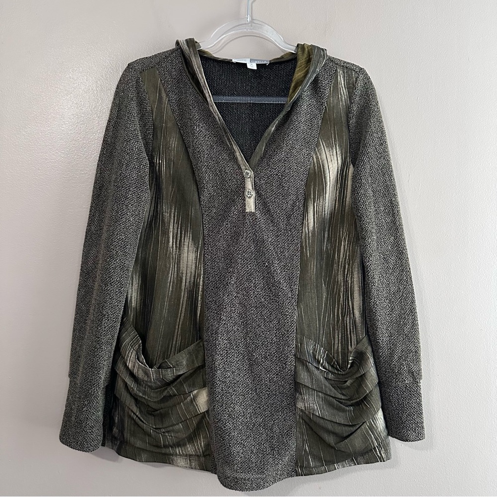 Gabby Isabella Green Mixed Media Hooded Top Womens Medium Fairy Grunge Mesh Knit